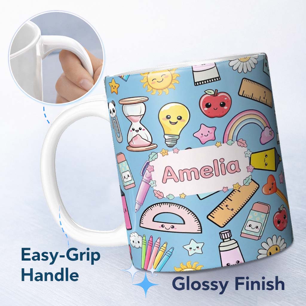 Personalized Custom Name Cute Kawaii School Supplies Rainbow Apple Glue Blue Seamless 11oz Ceramic Coffee Tea Mug White Large Handle