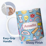 Personalized Custom Name Cute Kawaii School Supplies Rainbow Apple Glue Blue Seamless 11oz Ceramic Coffee Tea Mug White Large Handle