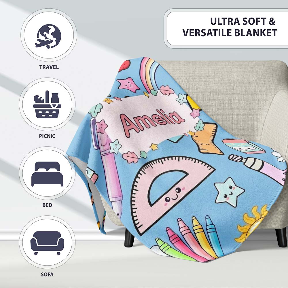 Cute Kawaii School Supplies Rainbow Apple Glue Blue Seamless  Personalised Custom Name Super Soft Fleece Blanket Bed Sofa Throw