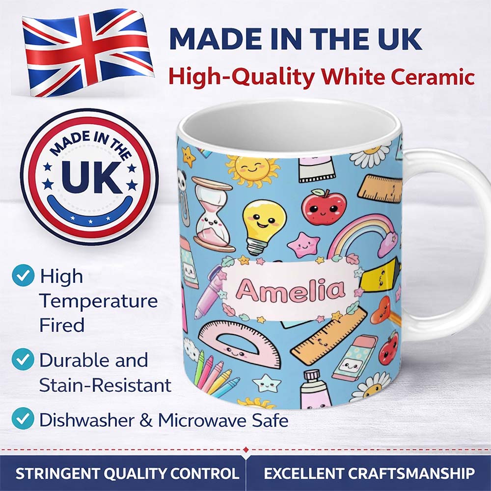 Personalized Custom Name Cute Kawaii School Supplies Rainbow Apple Glue Blue Seamless 11oz Ceramic Coffee Tea Mug White Large Handle
