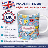 Personalized Custom Name Cute Kawaii School Supplies Rainbow Apple Glue Blue Seamless 11oz Ceramic Coffee Tea Mug White Large Handle
