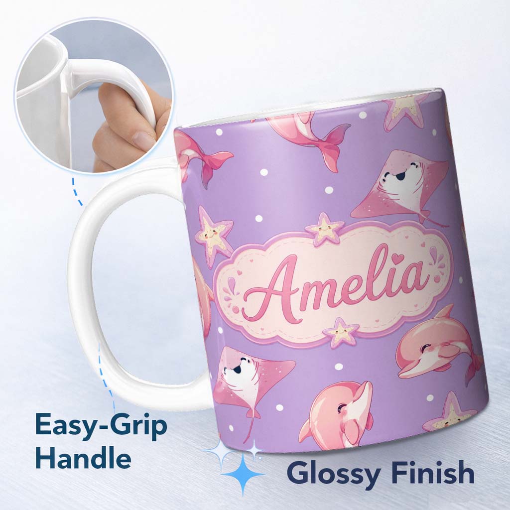 Personalized Custom Name Cute Pink Dolphins and Starfish Seamless Ocean Pattern Purple Lovely 11oz Ceramic Coffee Tea Mug White Large Handle