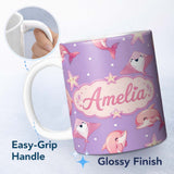 Personalized Custom Name Cute Pink Dolphins and Starfish Seamless Ocean Pattern Purple Lovely 11oz Ceramic Coffee Tea Mug White Large Handle