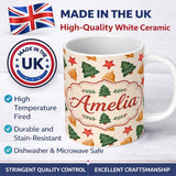 Personalized Custom Name Watercolor Christmas Bells Stars and Trees Seamless Pattern Lovely 11oz Ceramic Coffee Tea Mug White Large Handle