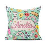 Custom Name Cute Kawaii School Supplies Rainbow Apple Glue Green Square Filled Cushion Throw Pillow Sofa Bed Home Decor Zip Washable UK Made