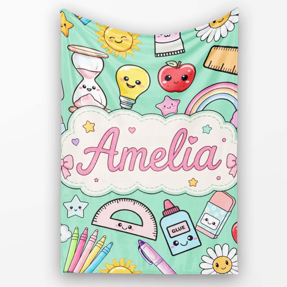 Cute Kawaii School Supplies Rainbow Apple Glue Green Seamless  Personalised Custom Name Super Soft Fleece Blanket Bed Sofa Throw