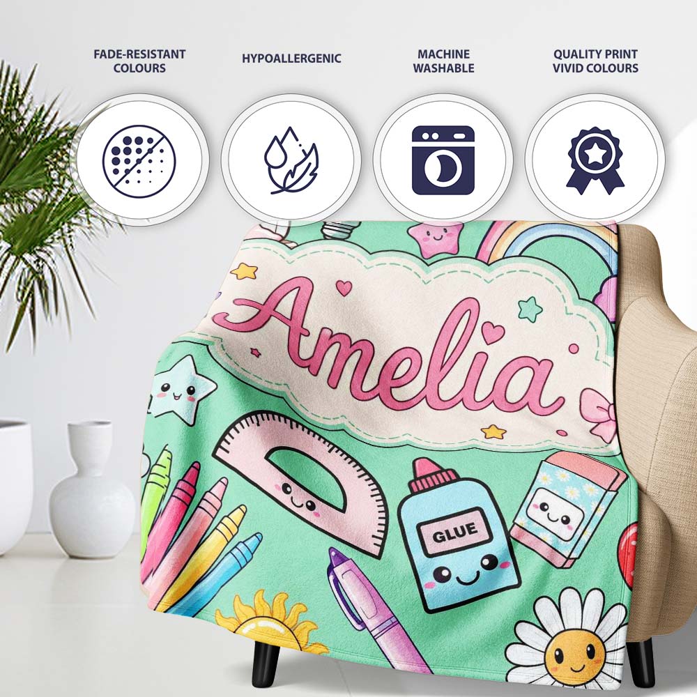 Cute Kawaii School Supplies Rainbow Apple Glue Green Seamless  Personalised Custom Name Super Soft Fleece Blanket Bed Sofa Throw
