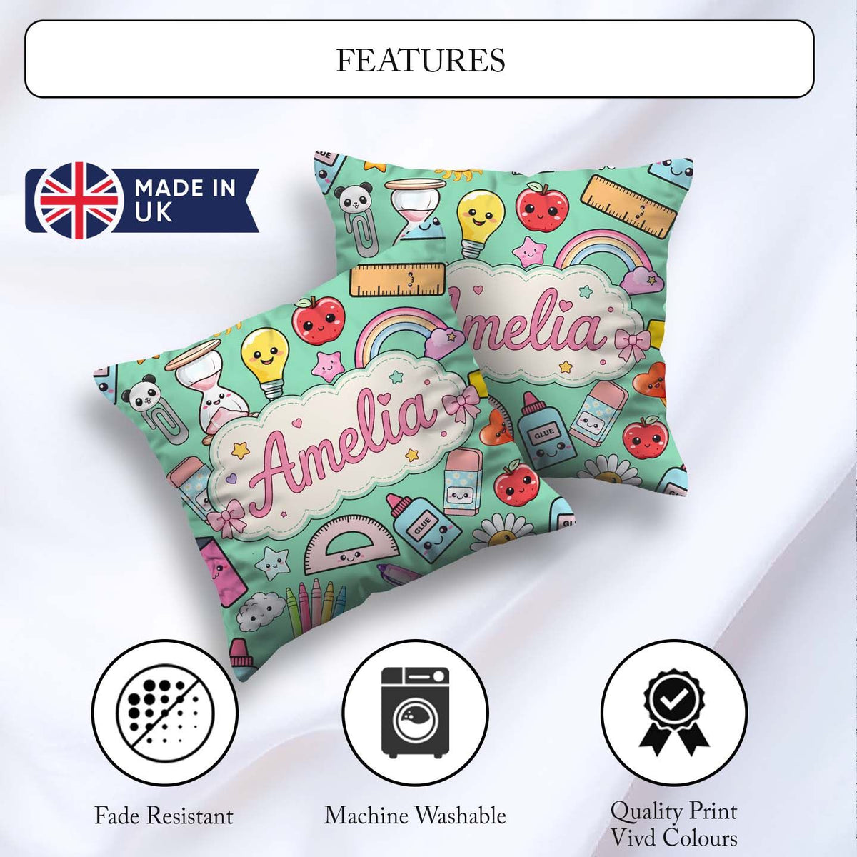 Custom Name Cute Kawaii School Supplies Rainbow Apple Glue Green Square Filled Cushion Throw Pillow Sofa Bed Home Decor Zip Washable UK Made