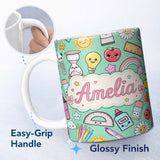 Personalized Custom Name Cute Kawaii School Supplies Rainbow Apple Glue Green Seamless 11oz Ceramic Coffee Tea Mug White Large Handle