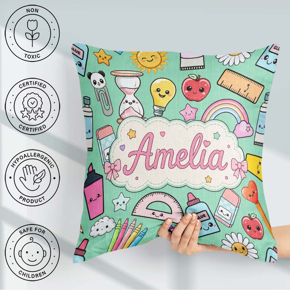 Custom Name Cute Kawaii School Supplies Rainbow Apple Glue Green Square Filled Cushion Throw Pillow Sofa Bed Home Decor Zip Washable UK Made