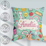 Custom Name Cute Kawaii School Supplies Rainbow Apple Glue Green Square Filled Cushion Throw Pillow Sofa Bed Home Decor Zip Washable UK Made