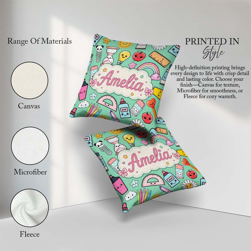 Custom Name Cute Kawaii School Supplies Rainbow Apple Glue Green Square Filled Cushion Throw Pillow Sofa Bed Home Decor Zip Washable UK Made