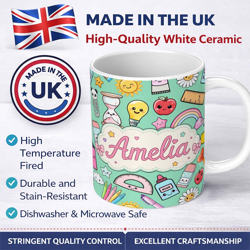 Personalized Custom Name Cute Kawaii School Supplies Rainbow Apple Glue Green Seamless 11oz Ceramic Coffee Tea Mug White Large Handle