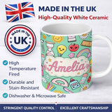 Personalized Custom Name Cute Kawaii School Supplies Rainbow Apple Glue Green Seamless 11oz Ceramic Coffee Tea Mug White Large Handle