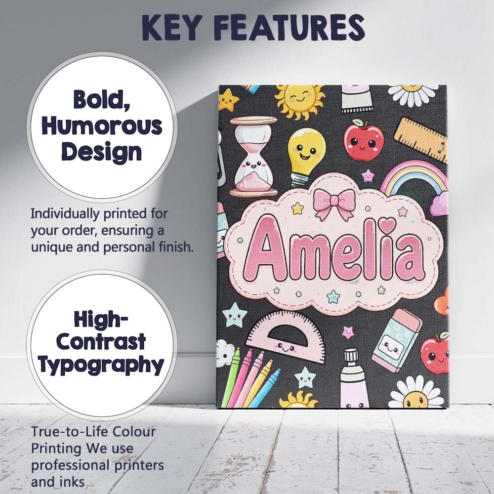 Personalised Name Cute Kawaii School Custom Premium Decorative Design Modern Room Accent Canvas Wall Art Print Decor Picture Ready to Hang