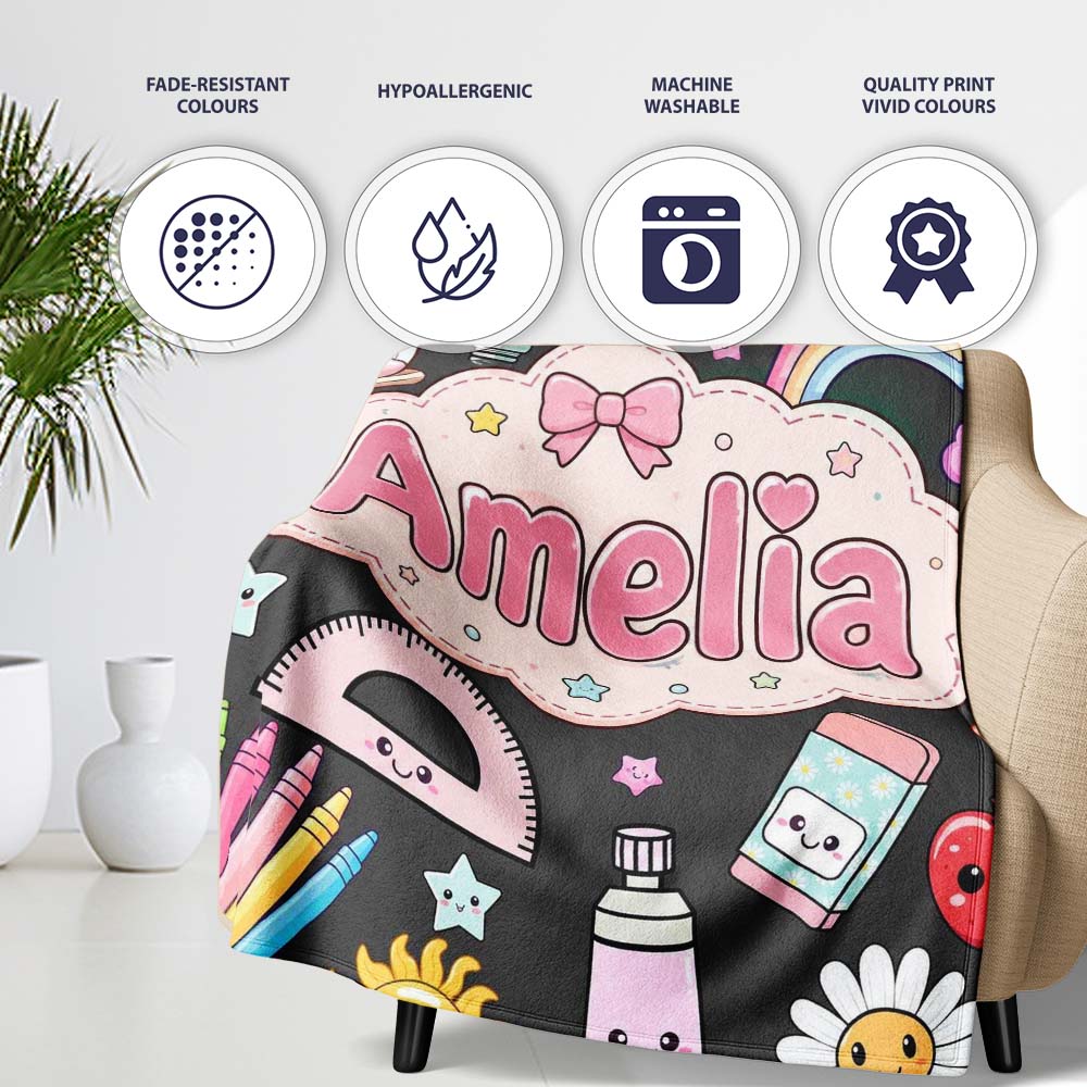 Cute Kawaii School Supplies Rainbow Apple Glue Dark Seamless  Personalised Custom Name Super Soft Fleece Blanket Bed Sofa Throw