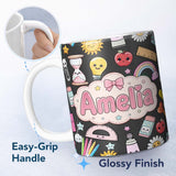 Personalized Custom Name Cute Kawaii School Supplies Rainbow Apple Glue Dark Seamless 11oz Ceramic Coffee Tea Mug White Large Handle