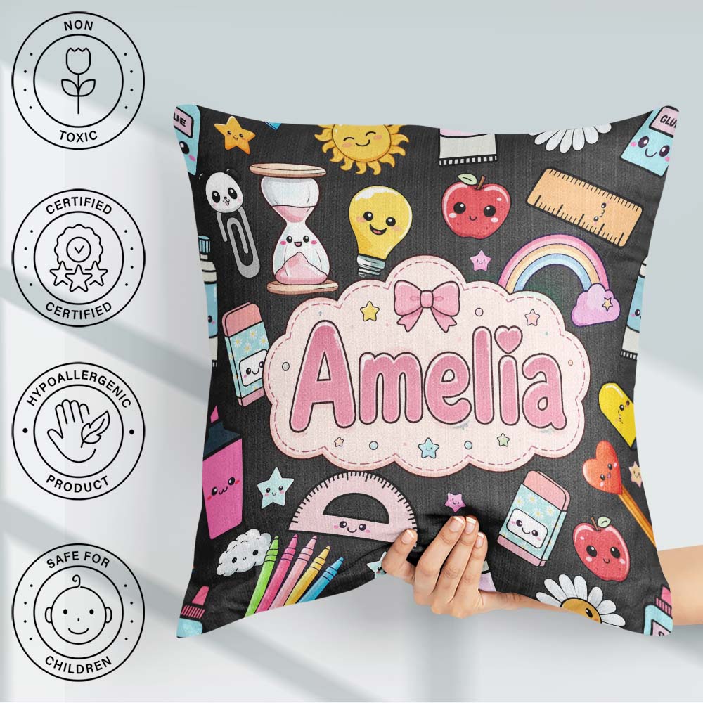 Custom Name Cute Kawaii School Supplies Apple Glue Dark Seamless Square Filled Cushion Throw Pillow Sofa Bed Home Decor Zip Washable UK Made
