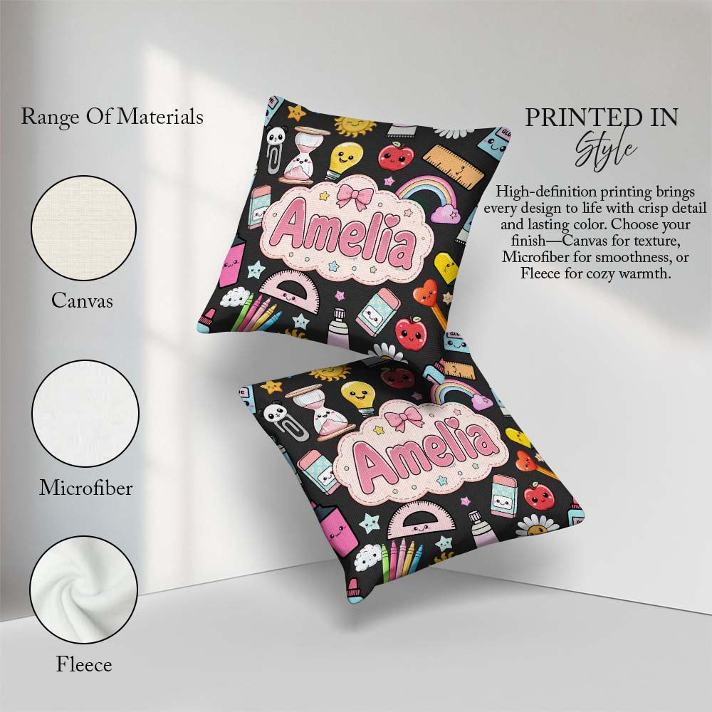 Custom Name Cute Kawaii School Supplies Apple Glue Dark Seamless Square Filled Cushion Throw Pillow Sofa Bed Home Decor Zip Washable UK Made