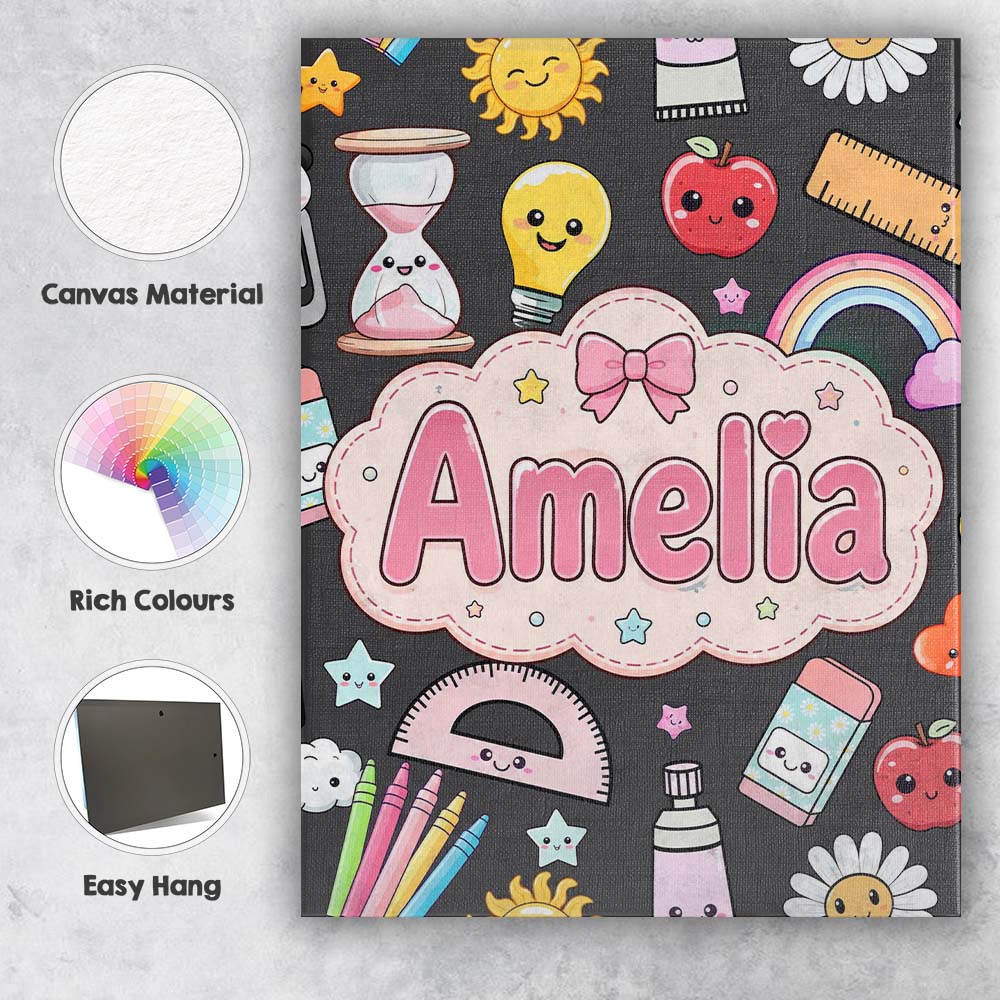 Personalised Name Cute Kawaii School Custom Premium Decorative Design Modern Room Accent Canvas Wall Art Print Decor Picture Ready to Hang