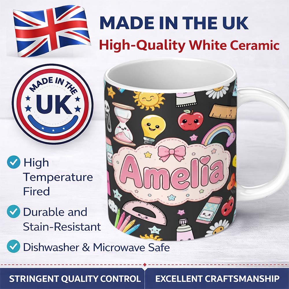 Personalized Custom Name Cute Kawaii School Supplies Rainbow Apple Glue Dark Seamless 11oz Ceramic Coffee Tea Mug White Large Handle