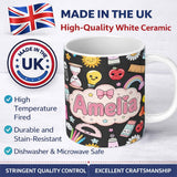 Personalized Custom Name Cute Kawaii School Supplies Rainbow Apple Glue Dark Seamless 11oz Ceramic Coffee Tea Mug White Large Handle