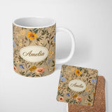 Personalized Custom Name Elegant Garden Wildflowers in Soft Neutral Tones Seamless Pattern 11oz Ceramic Coffee Tea Mug White Large Handle