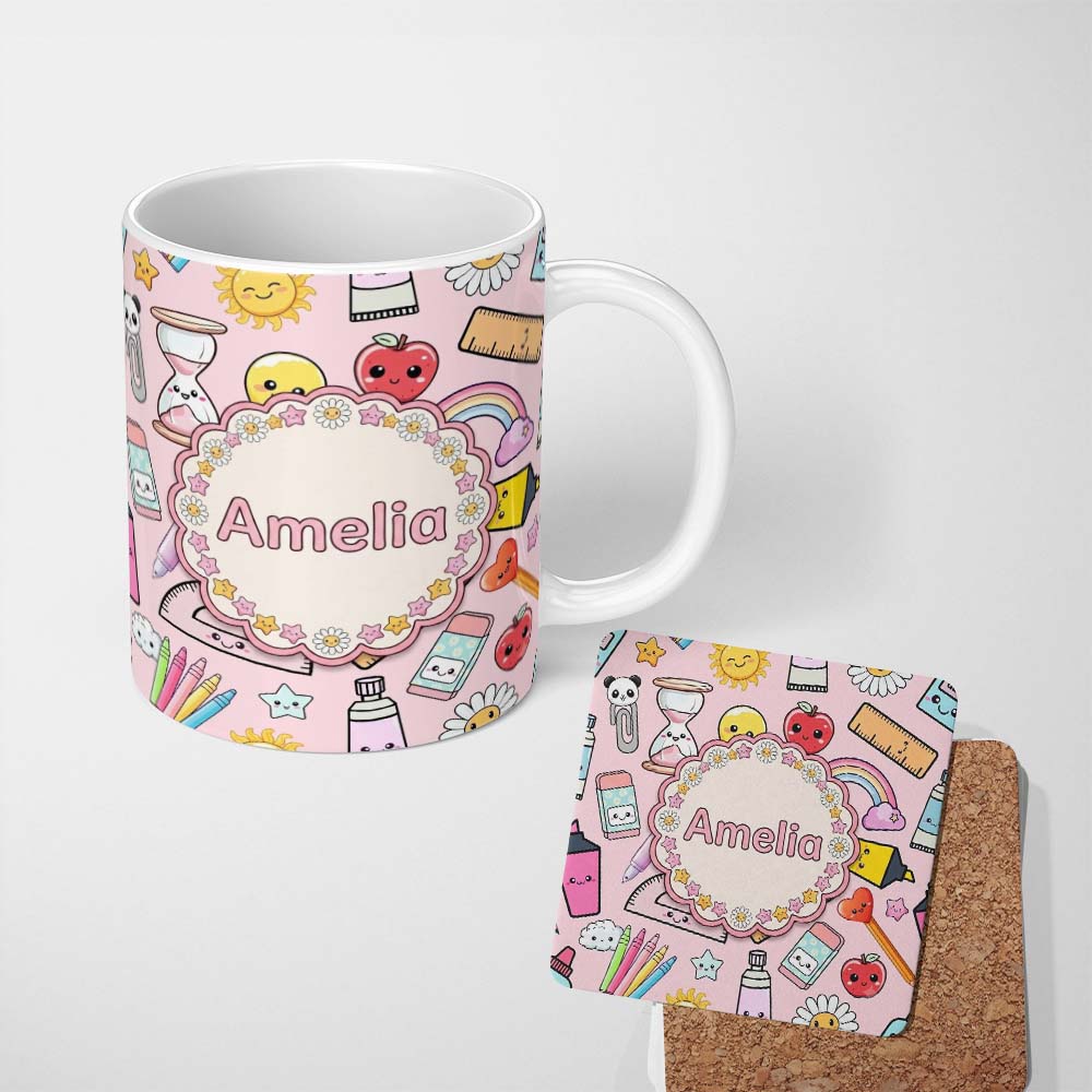 Personalized Custom Name Cute Kawaii School Supplies Rainbow Apple Glue Pink Seamless 11oz Ceramic Coffee Tea Mug White Large Handle