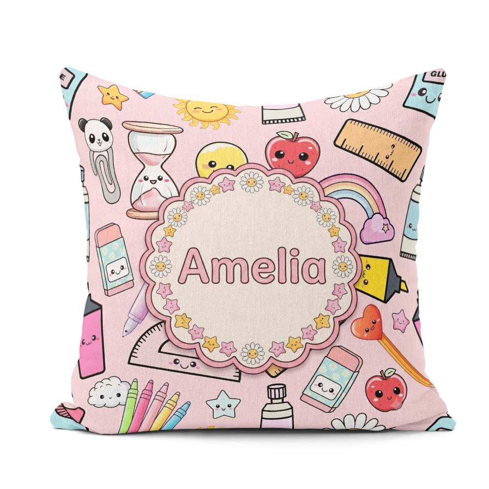 Custom Name Cute Kawaii School Supplies Apple Glue Pink Seamless Square Filled Cushion Throw Pillow Sofa Bed Home Decor Zip Washable UK Made