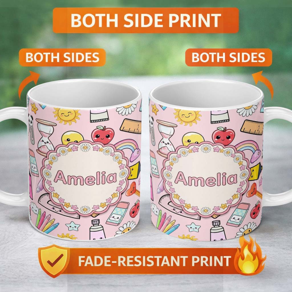 Personalized Custom Name Cute Kawaii School Supplies Rainbow Apple Glue Pink Seamless 11oz Ceramic Coffee Tea Mug White Large Handle