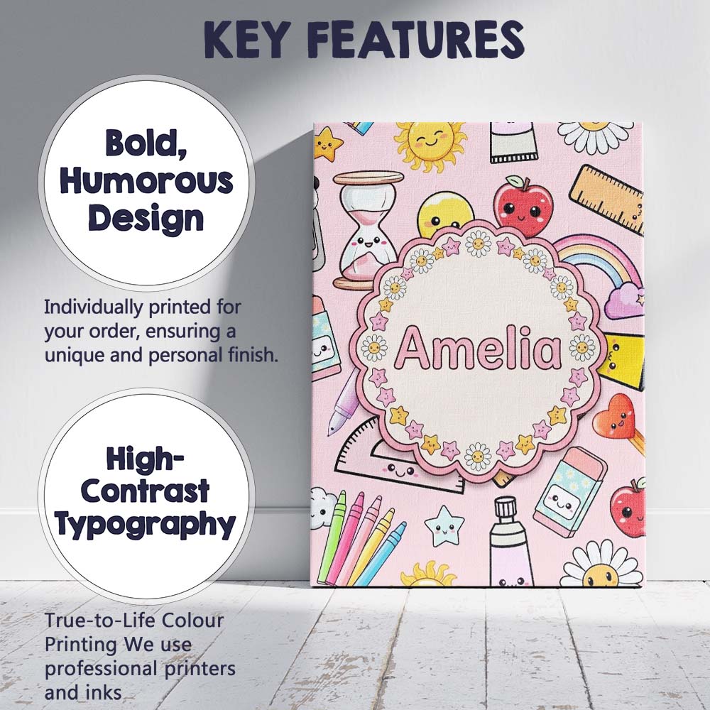 Personalised Name Cute Kawaii School Custom Premium Decorative Design Modern Room Accent Canvas Wall Art Print Decor Picture Ready to Hang