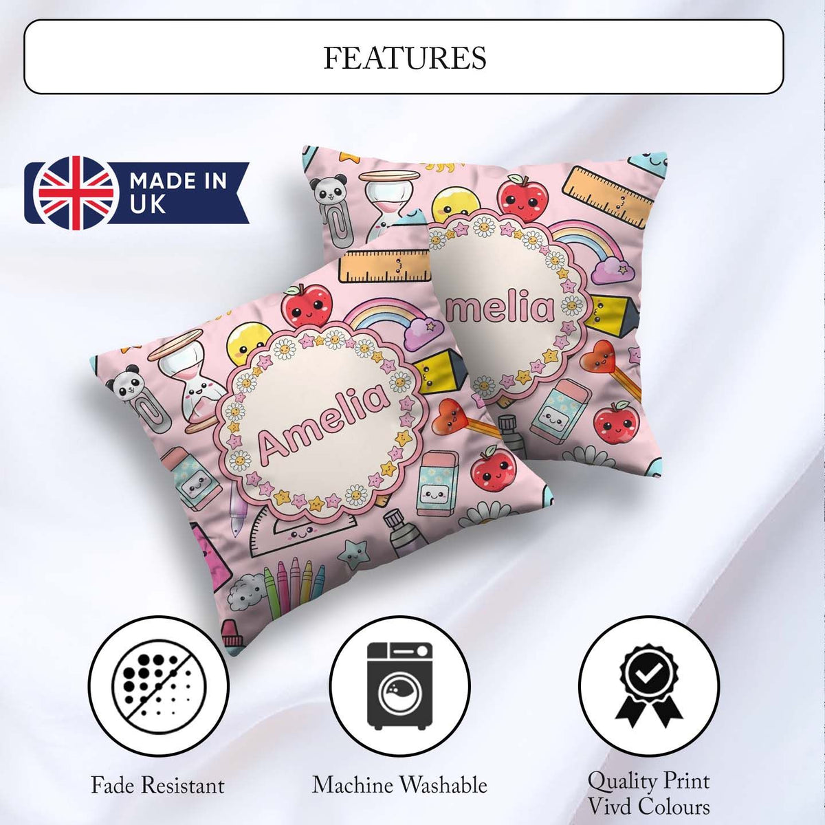 Custom Name Cute Kawaii School Supplies Apple Glue Pink Seamless Square Filled Cushion Throw Pillow Sofa Bed Home Decor Zip Washable UK Made