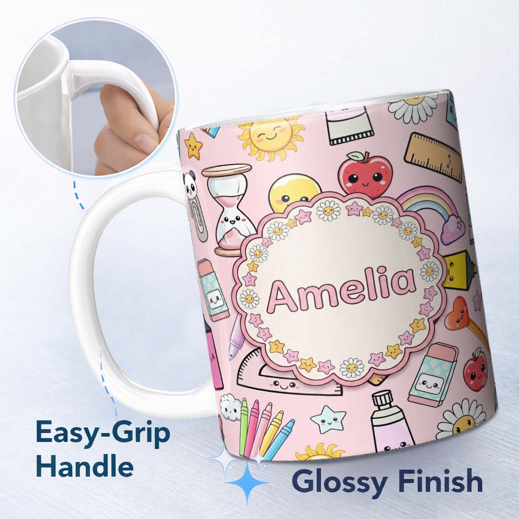 Personalized Custom Name Cute Kawaii School Supplies Rainbow Apple Glue Pink Seamless 11oz Ceramic Coffee Tea Mug White Large Handle
