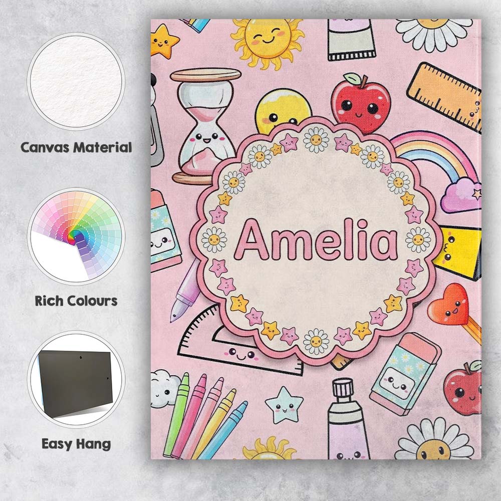 Personalised Name Cute Kawaii School Custom Premium Decorative Design Modern Room Accent Canvas Wall Art Print Decor Picture Ready to Hang
