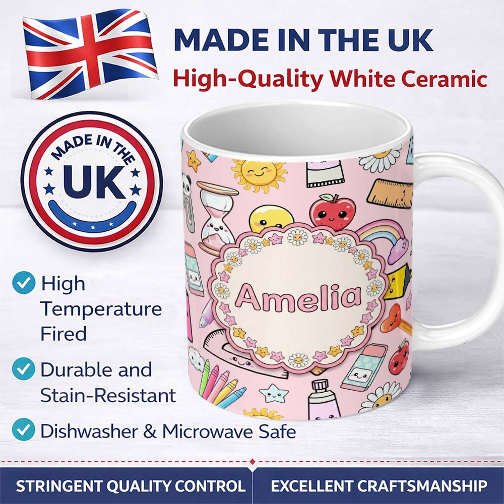 Personalized Custom Name Cute Kawaii School Supplies Rainbow Apple Glue Pink Seamless 11oz Ceramic Coffee Tea Mug White Large Handle