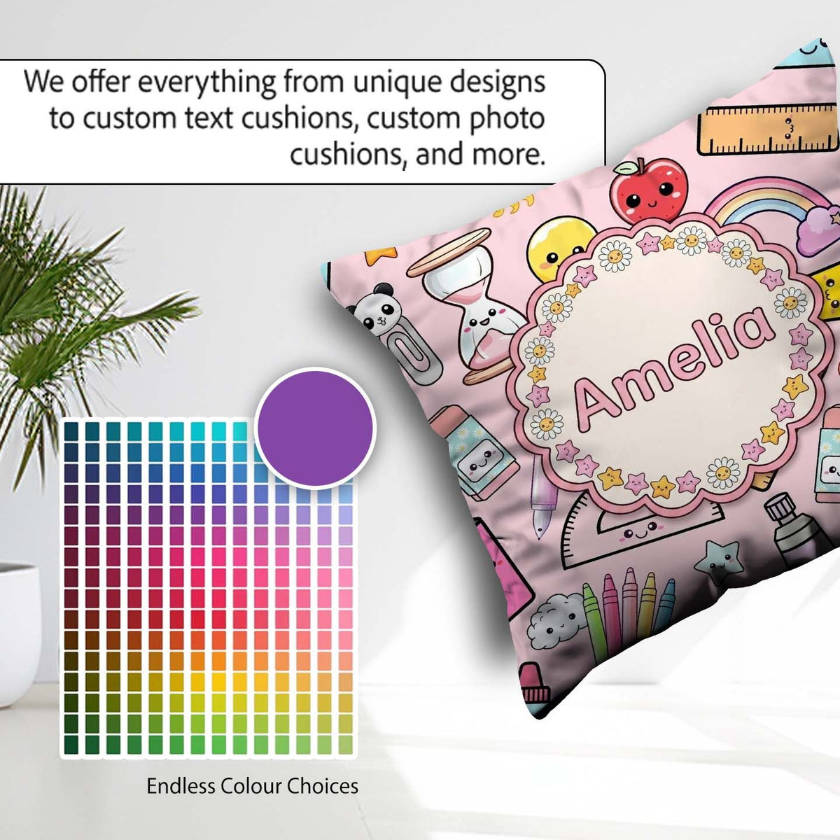 Custom Name Cute Kawaii School Supplies Apple Glue Pink Seamless Square Filled Cushion Throw Pillow Sofa Bed Home Decor Zip Washable UK Made