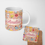 Personalized Custom Name Cute Kawaii School Supplies Glue Rainbow Apple Ruler Seamless 11oz Ceramic Coffee Tea Mug White Large Handle