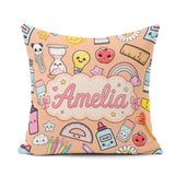 Custom Name Cute Kawaii School Supplies Glue Rainbow Apple Ruler Square Filled Cushion Throw Pillow Sofa Bed Home Decor Zip Washable UK Made