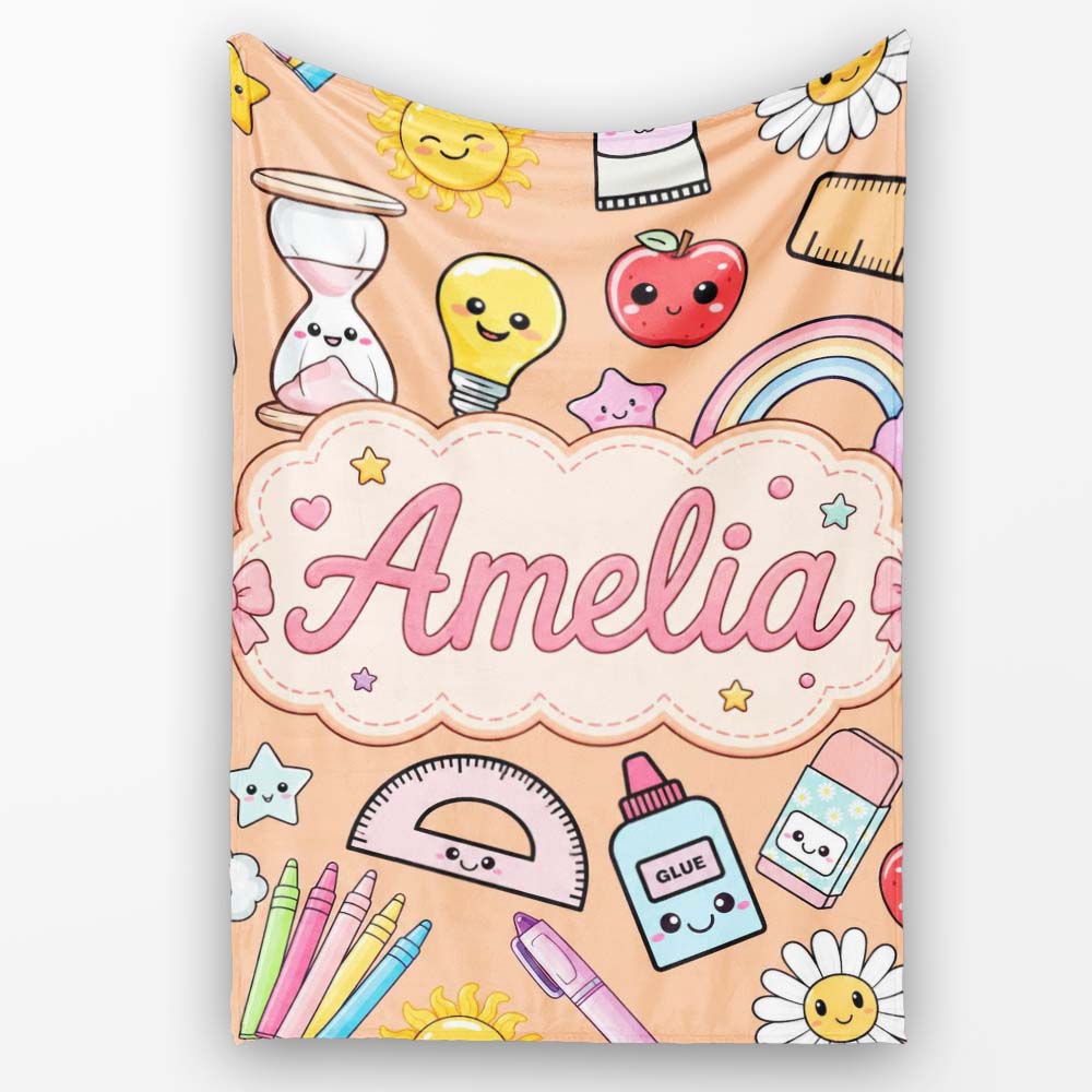 Cute Kawaii School Supplies Glue Rainbow Apple Ruler Seamless  Personalised Custom Name Super Soft Fleece Blanket Bed Sofa Throw