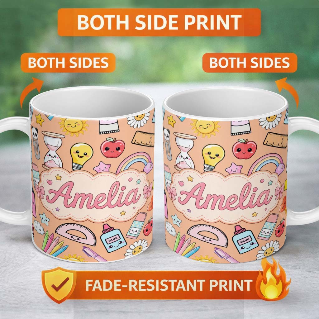 Personalized Custom Name Cute Kawaii School Supplies Glue Rainbow Apple Ruler Seamless 11oz Ceramic Coffee Tea Mug White Large Handle