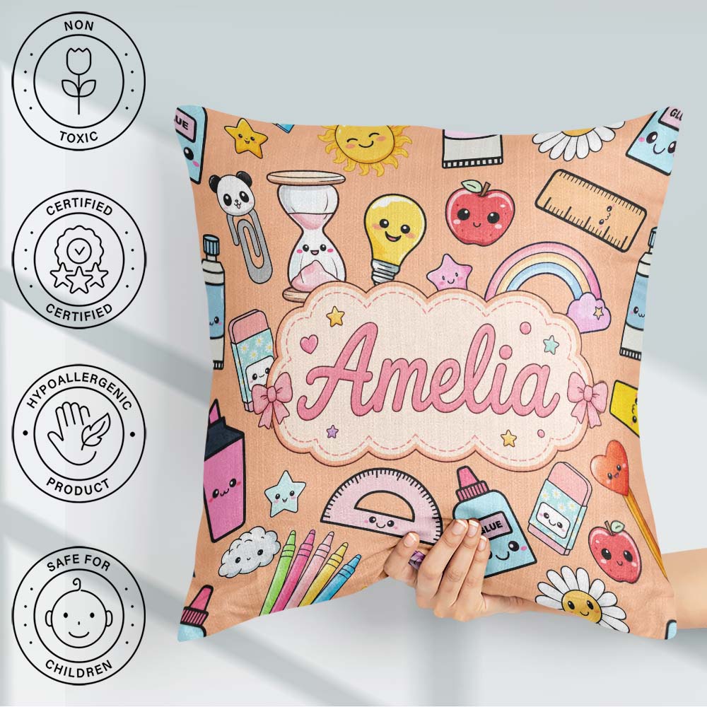 Custom Name Cute Kawaii School Supplies Glue Rainbow Apple Ruler Square Filled Cushion Throw Pillow Sofa Bed Home Decor Zip Washable UK Made