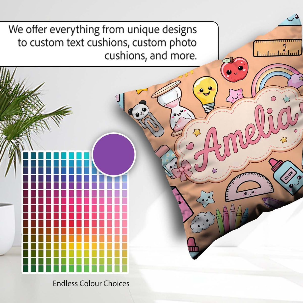 Custom Name Cute Kawaii School Supplies Glue Rainbow Apple Ruler Square Filled Cushion Throw Pillow Sofa Bed Home Decor Zip Washable UK Made