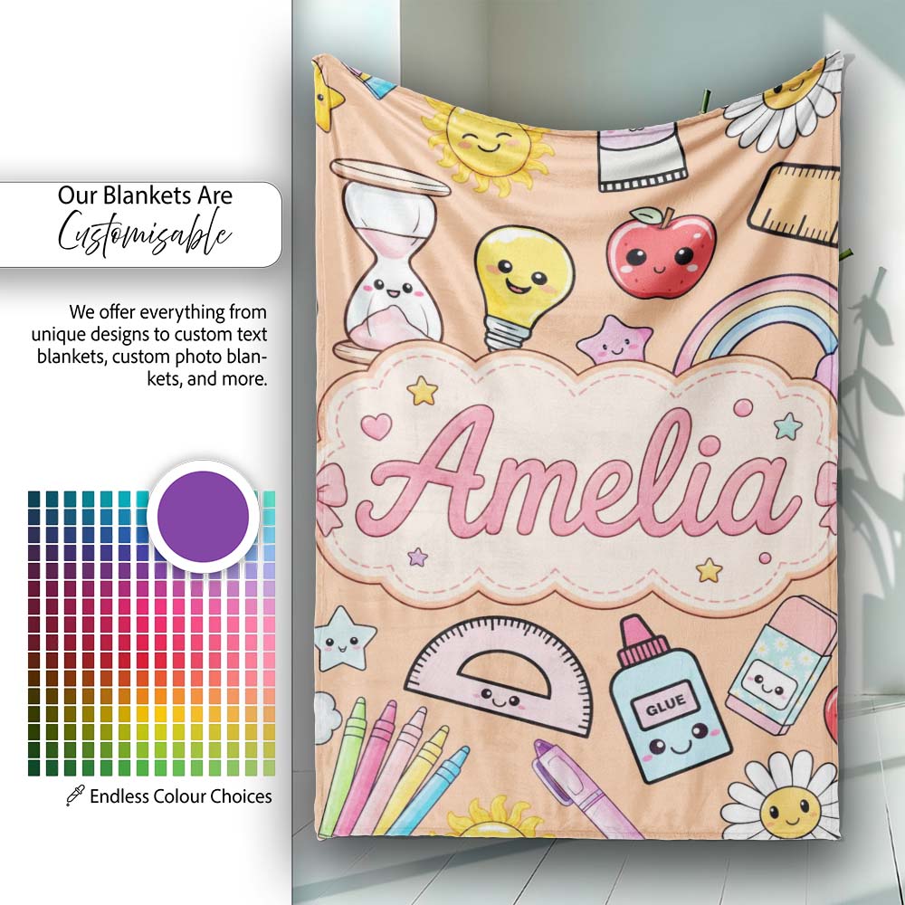 Cute Kawaii School Supplies Glue Rainbow Apple Ruler Seamless  Personalised Custom Name Super Soft Fleece Blanket Bed Sofa Throw