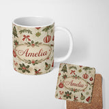 Personalized Custom Name Classic Christmas Ornaments Pine Branches and Bows Traditional 11oz Ceramic Coffee Tea Mug White Large Handle