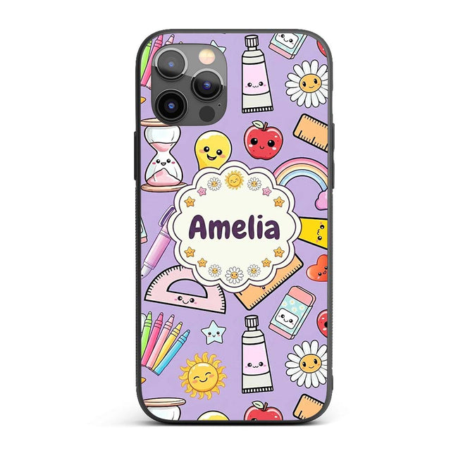 Cute Kawaii School Supplies Rainbow Apple Purple Custom Name Protective Phone Case Mobile Cover Durable Everyday Smartphone Shock Resistant