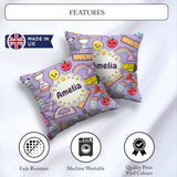 Custom Name Cute Kawaii School Supplies Rainbow Apple Background Square Filled Cushion Throw Pillow Sofa Bed Home Decor Zip Washable UK Made
