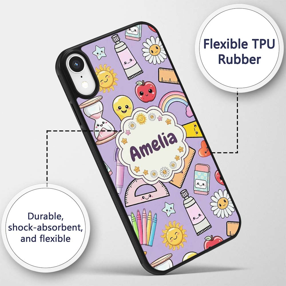 Cute Kawaii School Supplies Rainbow Apple Purple Custom Name Protective Phone Case Mobile Cover Durable Everyday Smartphone Shock Resistant