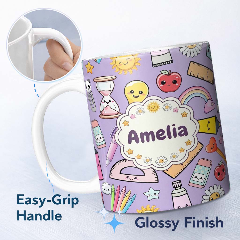 Personalized Custom Name Cute Kawaii School Supplies Rainbow Apple Purple Background 11oz Ceramic Coffee Tea Mug White Large Handle