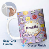 Personalized Custom Name Cute Kawaii School Supplies Rainbow Apple Purple Background 11oz Ceramic Coffee Tea Mug White Large Handle
