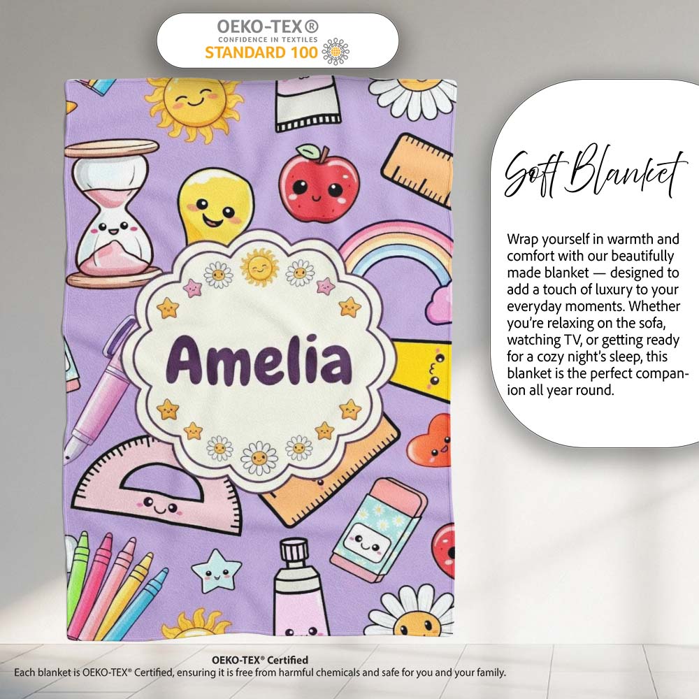 Cute Kawaii School Supplies Rainbow Apple Purple Background  Personalised Custom Name Super Soft Fleece Blanket Bed Sofa Throw